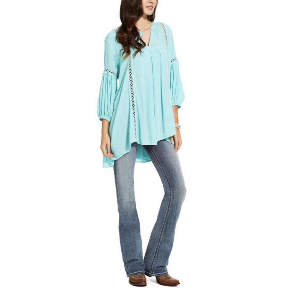 Ariat (Size M) Women's Teal Peasant Tunic Shirt Blouse Oversized Crochet Top